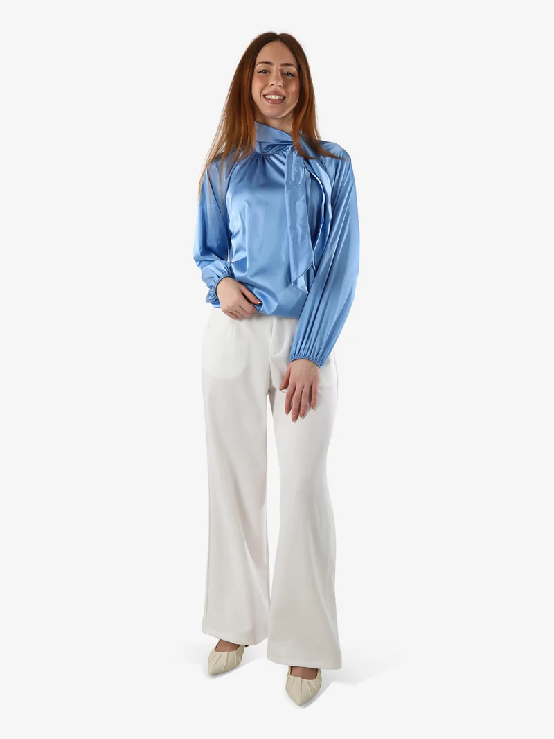 Blusa donna in tessuto simil raso a maniche lunghe - azzurro