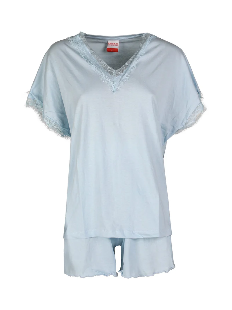 Pigiama corto da donna in cotone con scollo in pizzo - azzurro