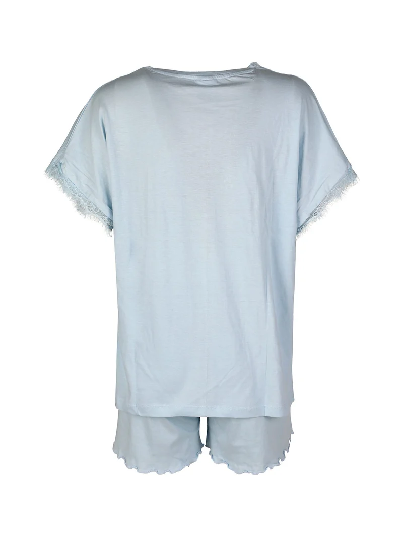 Pigiama corto da donna in cotone con scollo in pizzo - azzurro