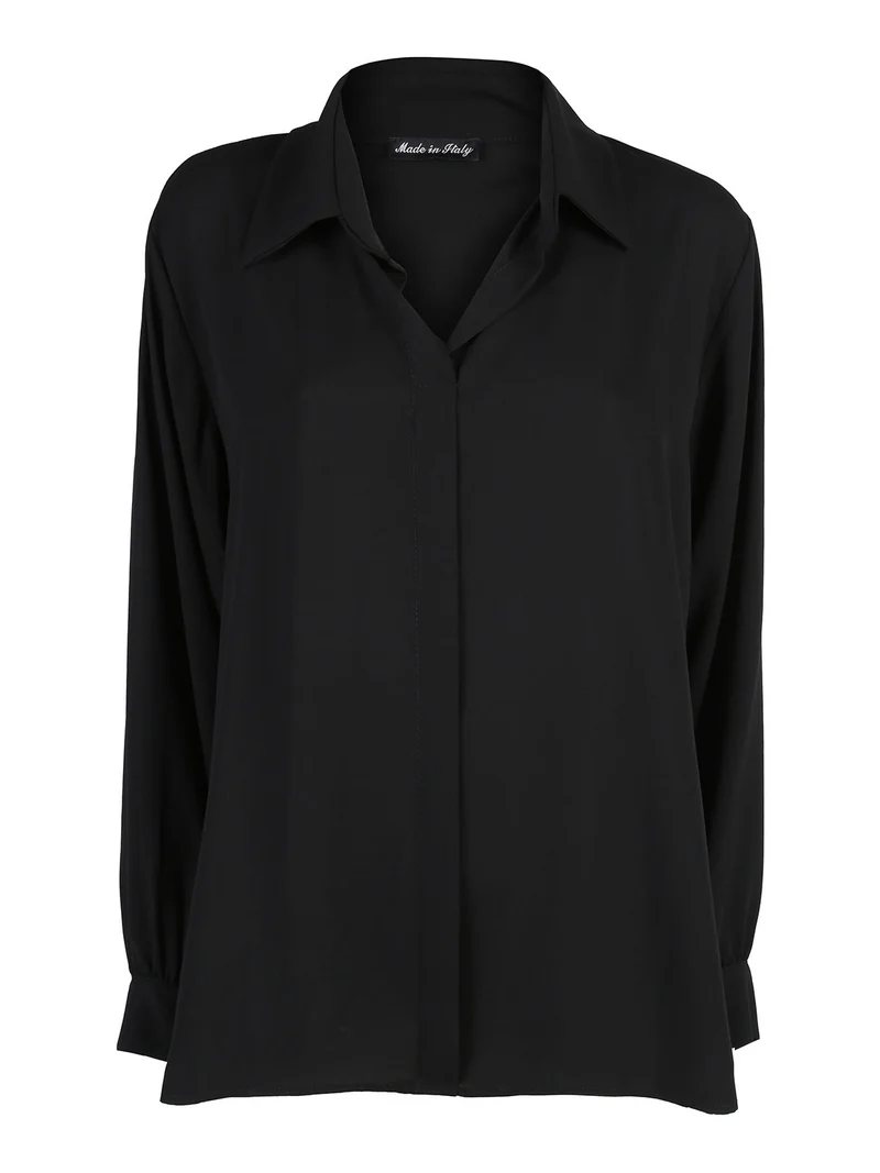 Camicia donna a maniche lunghe con scollo a V linea curvy - nero
