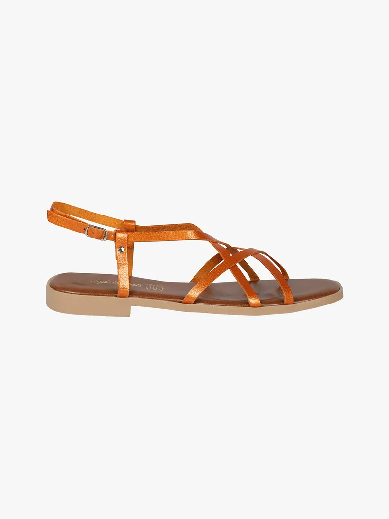 Sandali bassi in pelle da donna con fascette incrociate - arancione