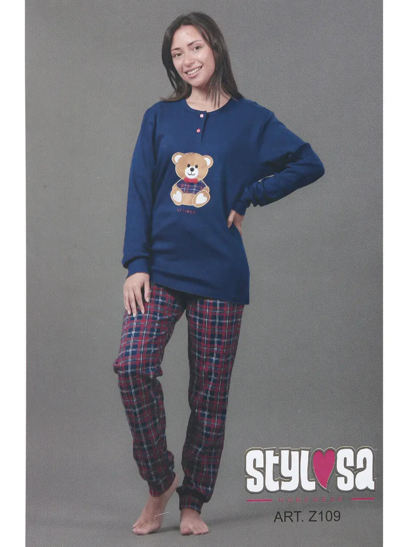 Pigiama lungo da donna in cotone con pantaloni a quadri - blu