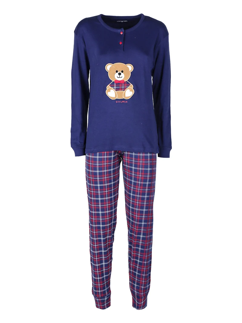 Pigiama lungo da donna in cotone con pantaloni a quadri - blu