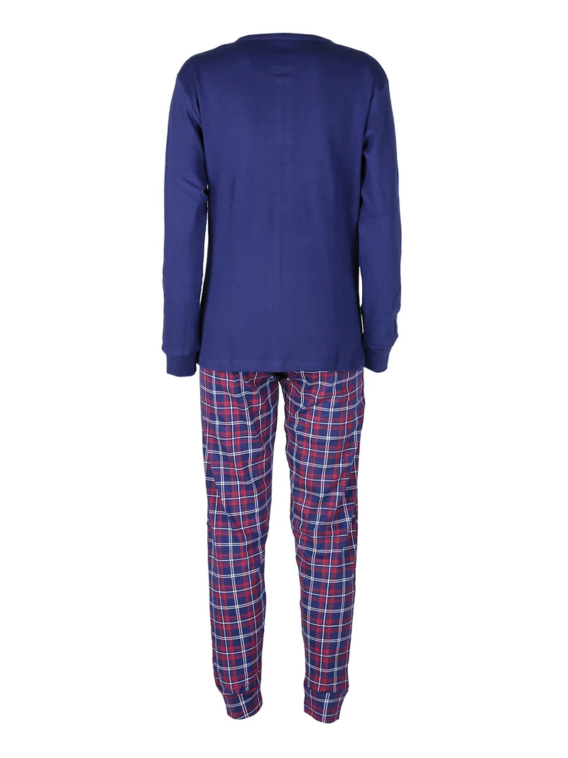 Pigiama lungo da donna in cotone con pantaloni a quadri - blu