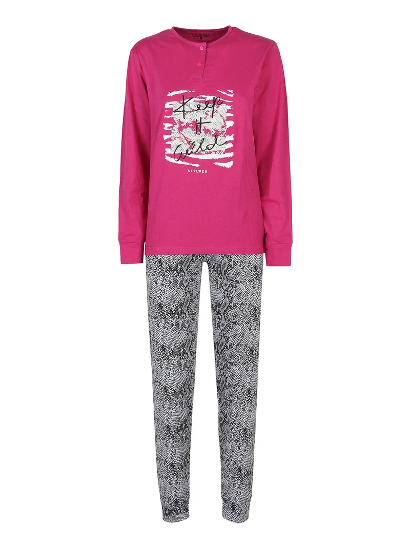 Pigiama lungo da donna in cotone con stampe - fucsia