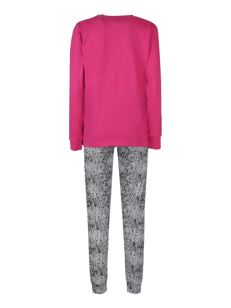 Pigiama lungo da donna in cotone con stampe - fucsia