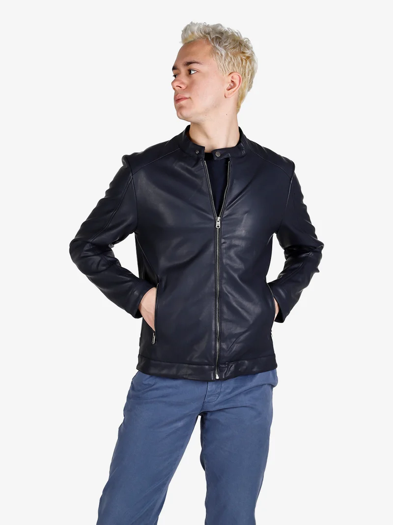 Giacca uomo in ecopelle con zip - blu scuro
