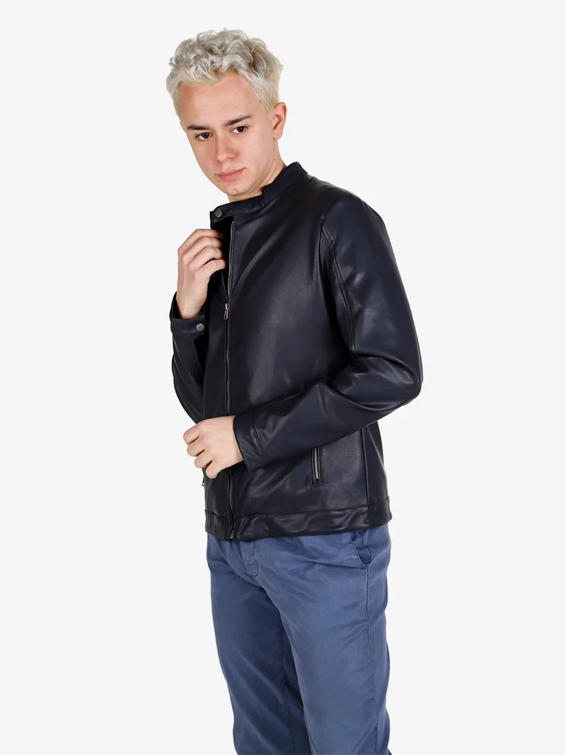 Giacca uomo in ecopelle con zip - blu scuro
