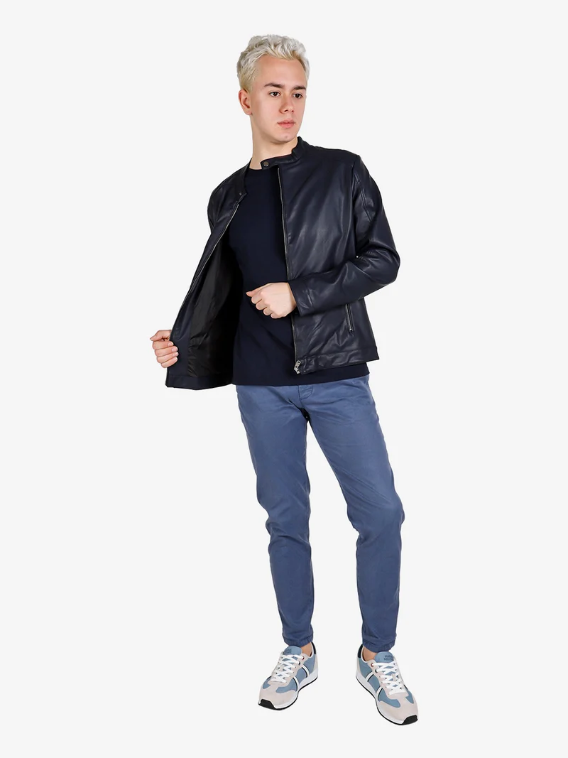 Giacca uomo in ecopelle con zip - blu scuro