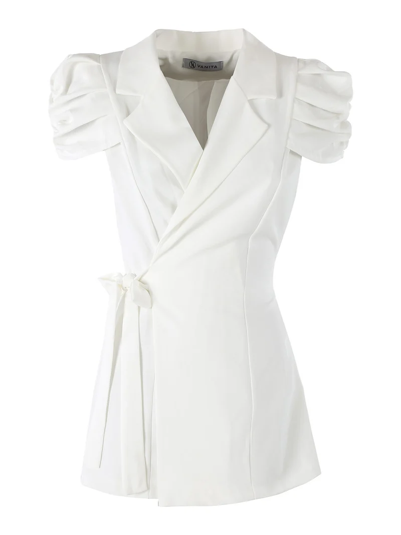 Blazer donna incrociato a maniche corte con spalle a sbuffo - bianco
