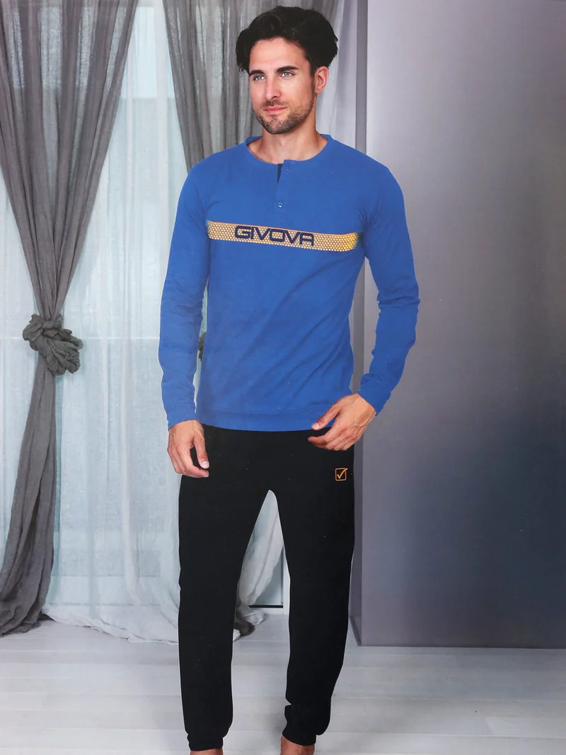 Pigiama lungo da uomo in misto cotone - azzurro