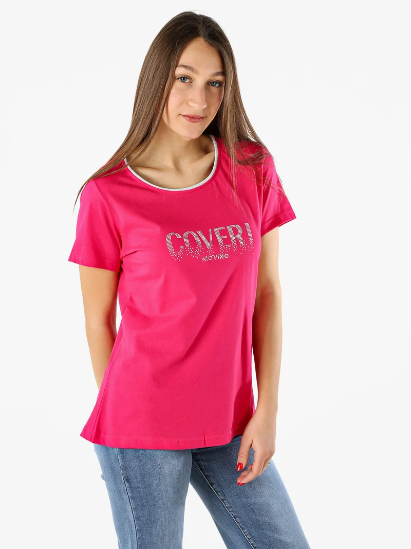 T-shirt donna in cotone con strass - fucsia