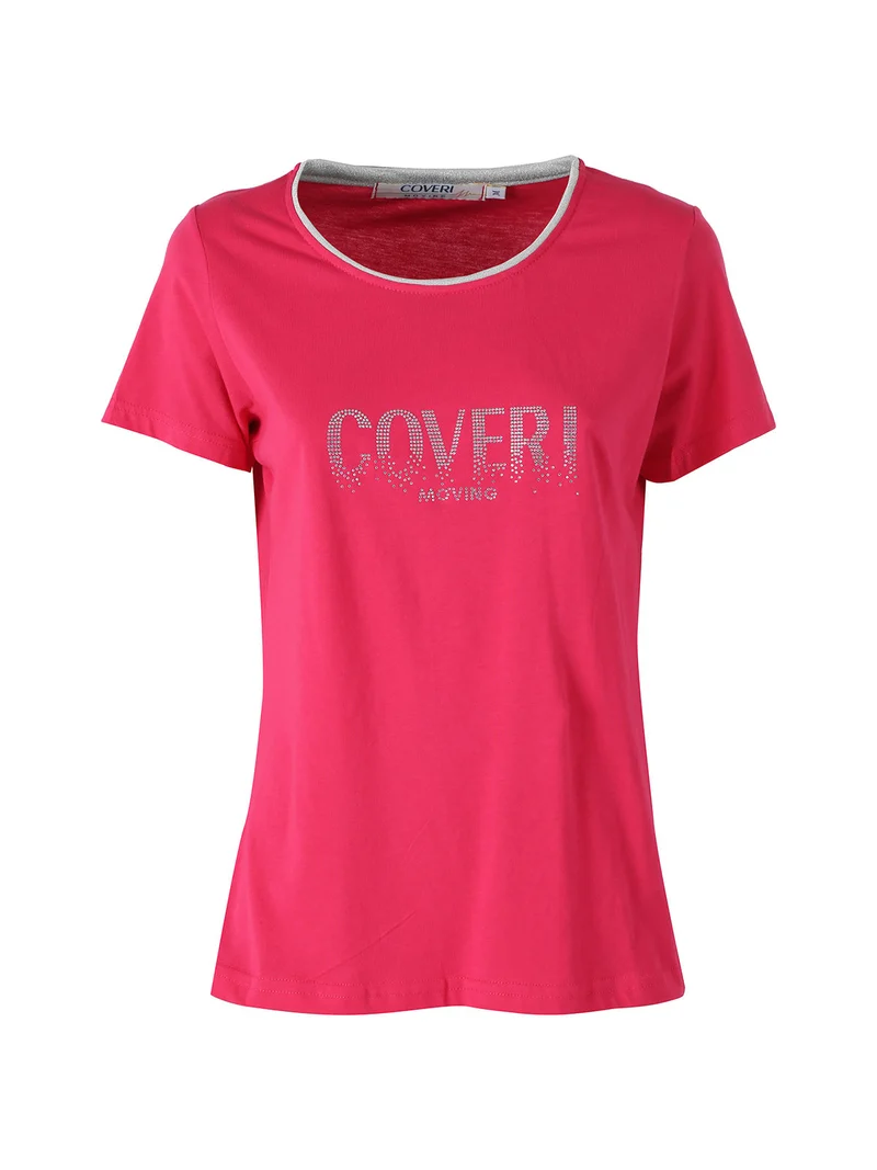T-shirt donna in cotone con strass - fucsia