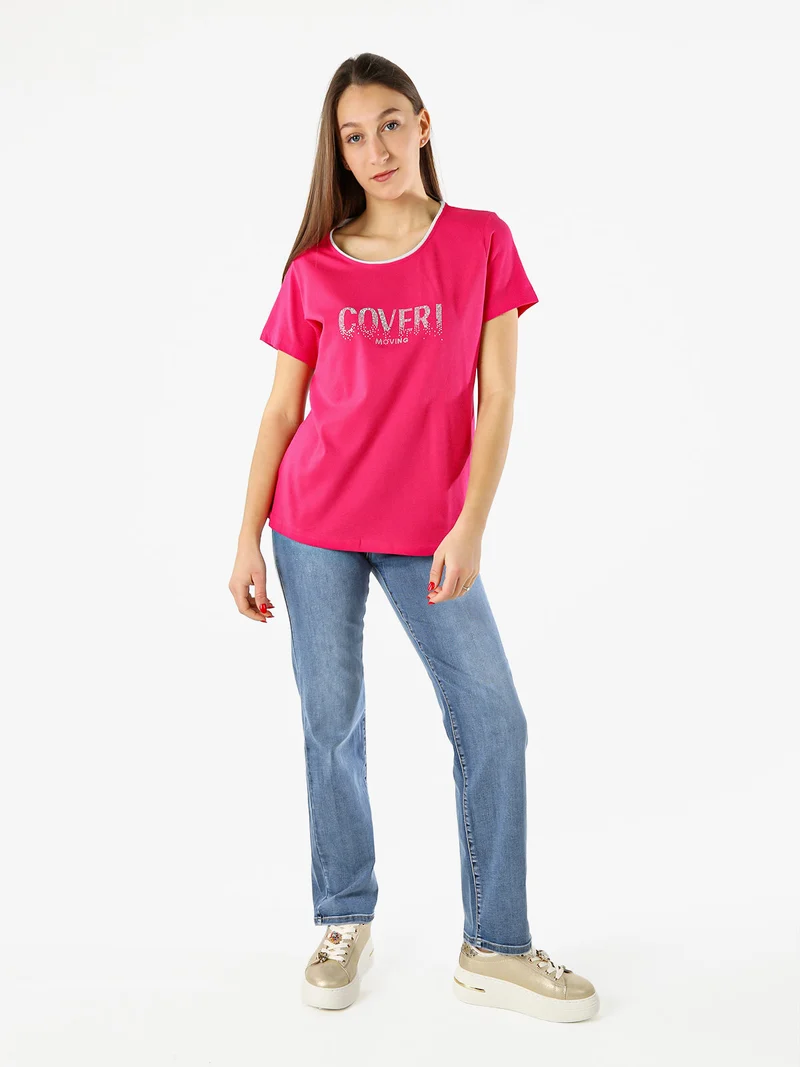 T-shirt donna in cotone con strass - fucsia
