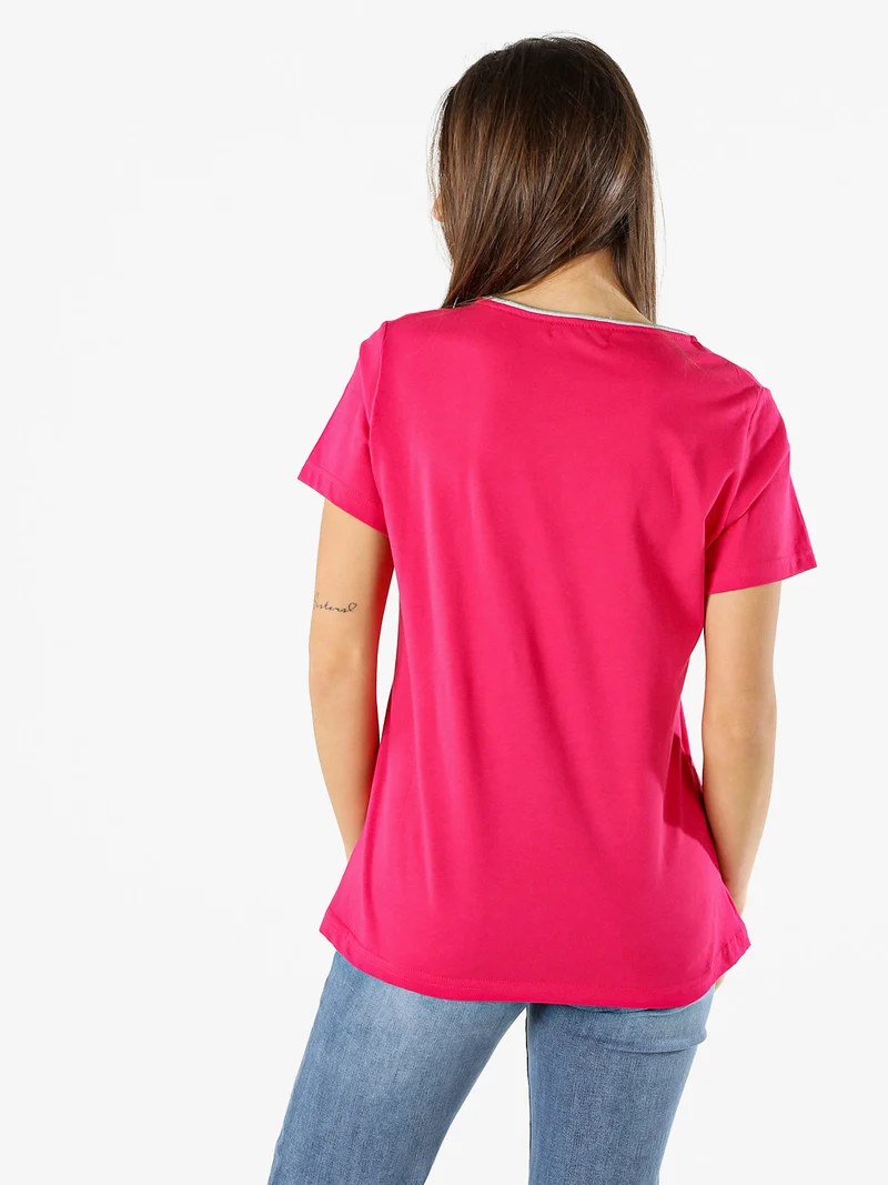 T-shirt donna in cotone con strass - fucsia