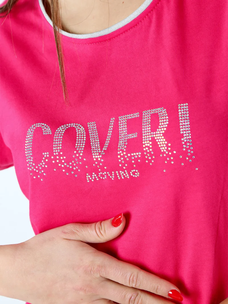 T-shirt donna in cotone con strass - fucsia