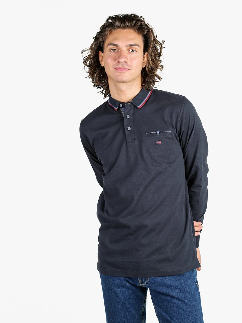 Polo da uomo a maniche lunghe con taschino - blu scuro