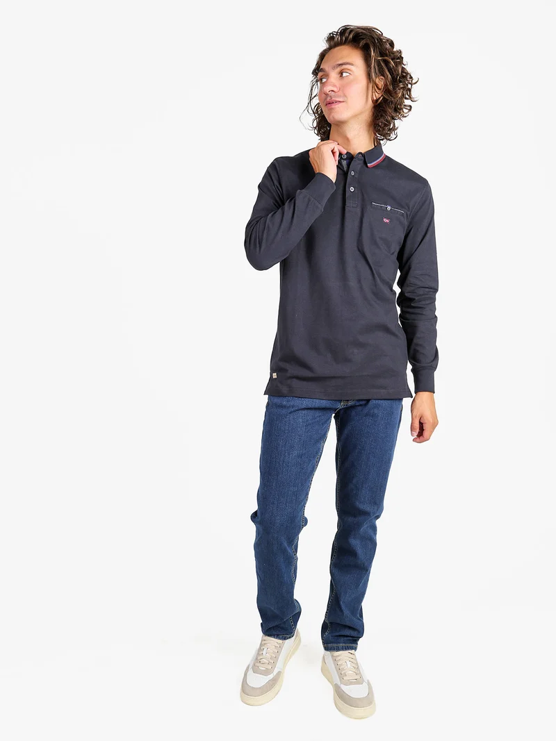 Polo da uomo a maniche lunghe con taschino - blu scuro