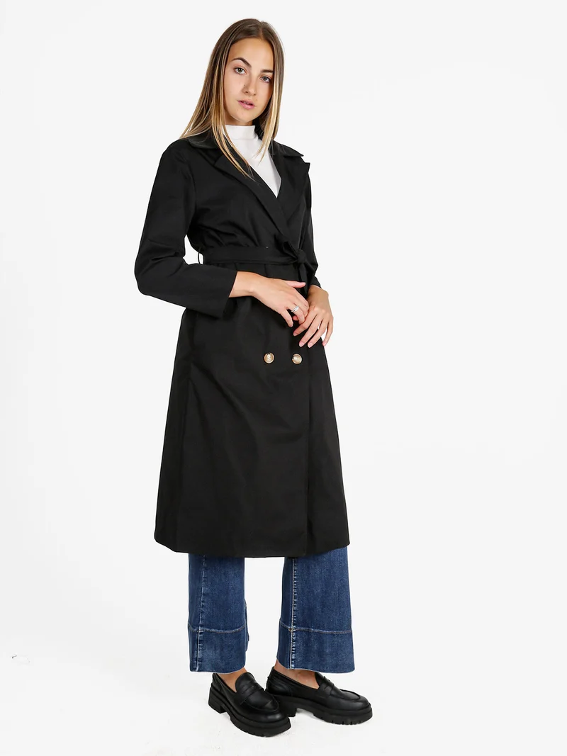Trench lungo da donna a doppiopetto - nero