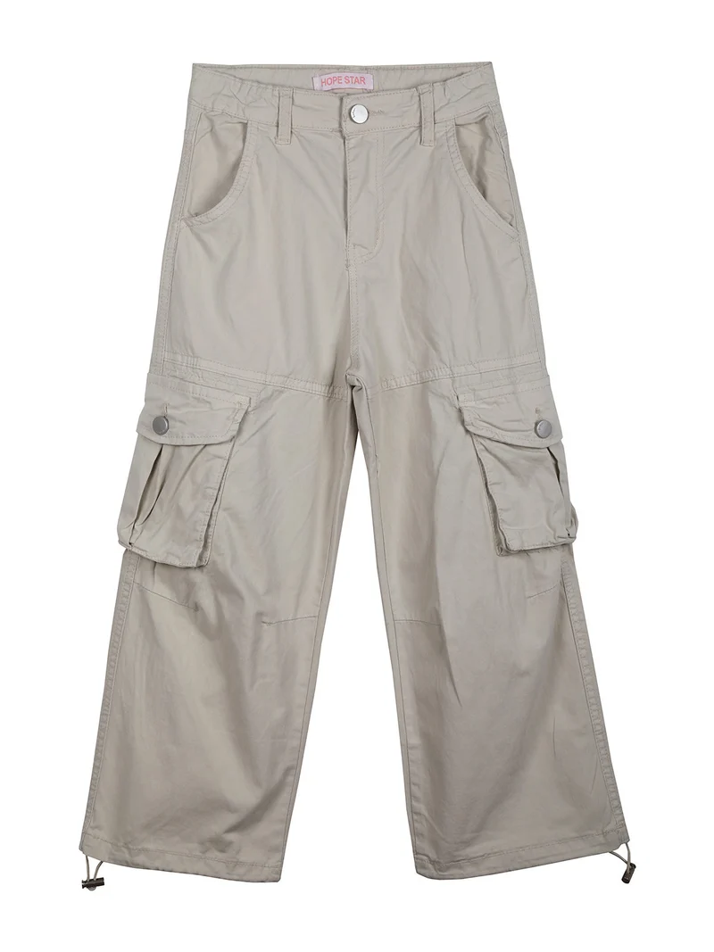 Pantaloni cargo da bambina in cotone con coulisse sul fondo - beige