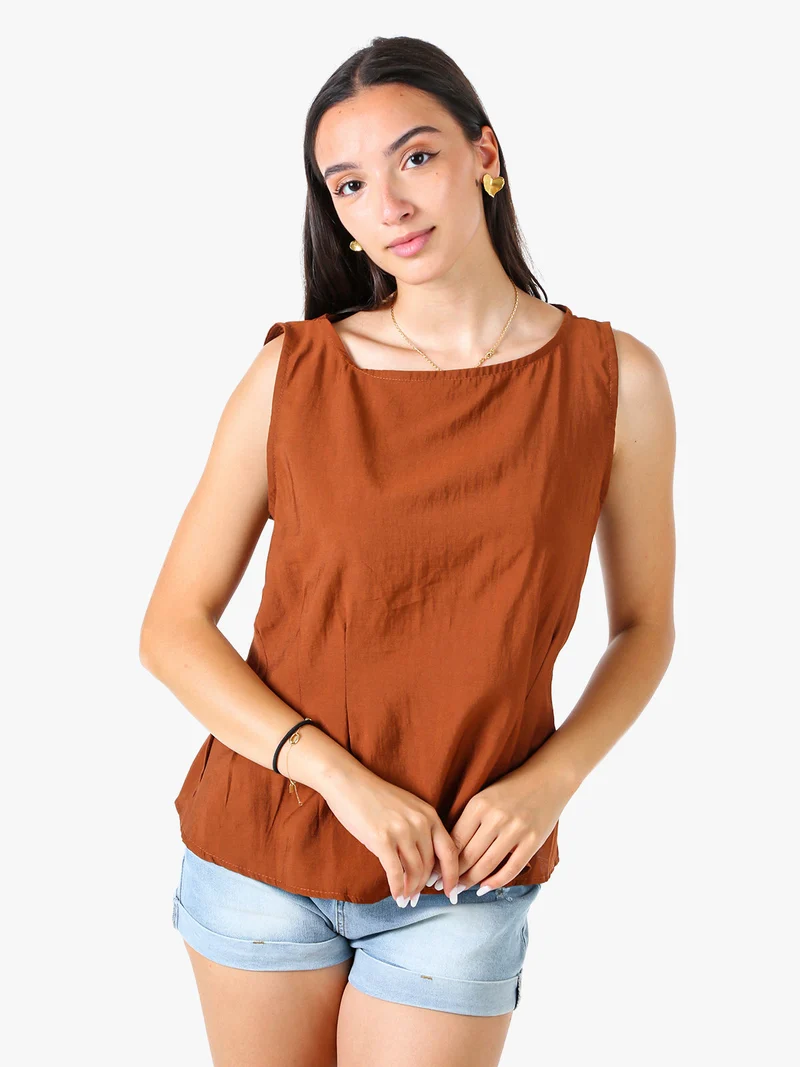 Top smanicato da donna in viscosa - cuoio