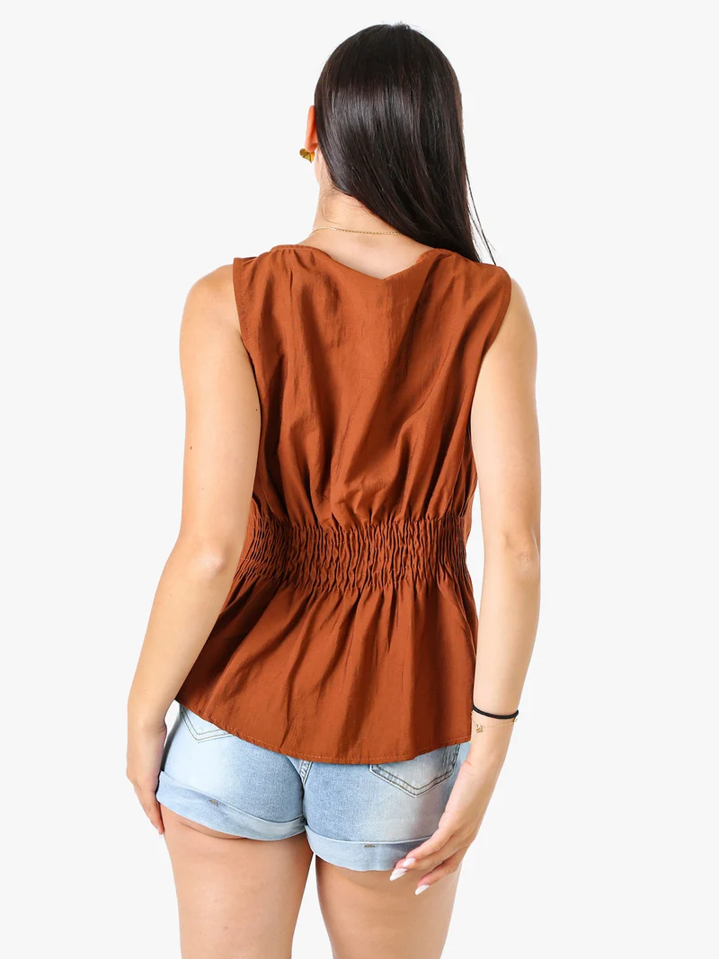 Top smanicato da donna in viscosa - cuoio