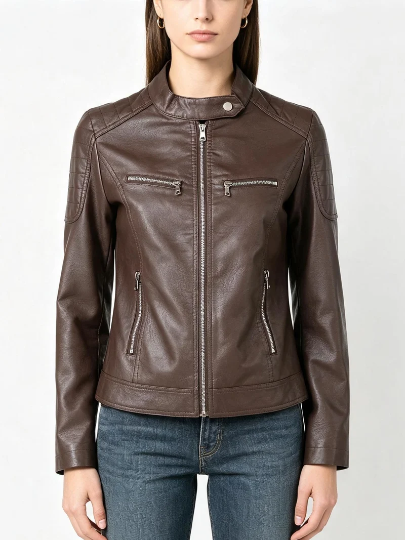 Giacca in ecopelle da donna con zip - moro
