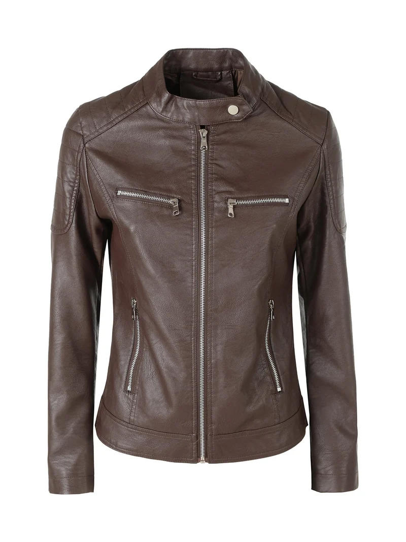 Giacca in ecopelle da donna con zip - moro