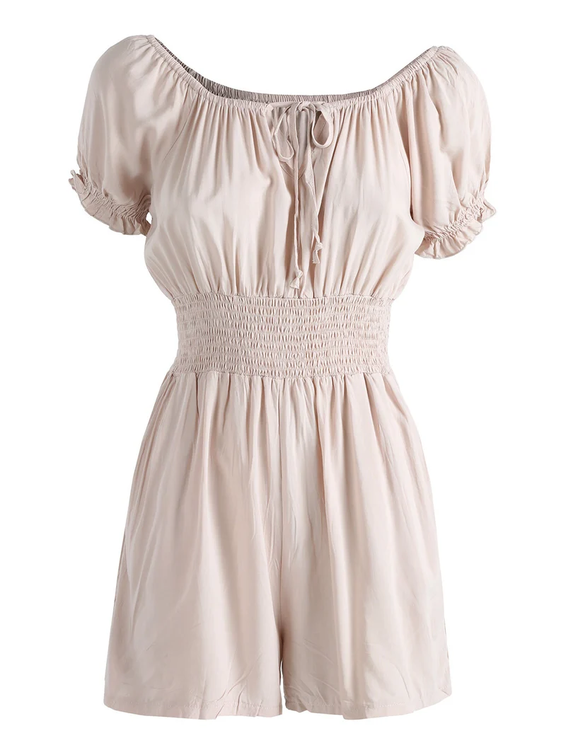 Tuta jumpsuite corta da donna con scollo a barca - beige