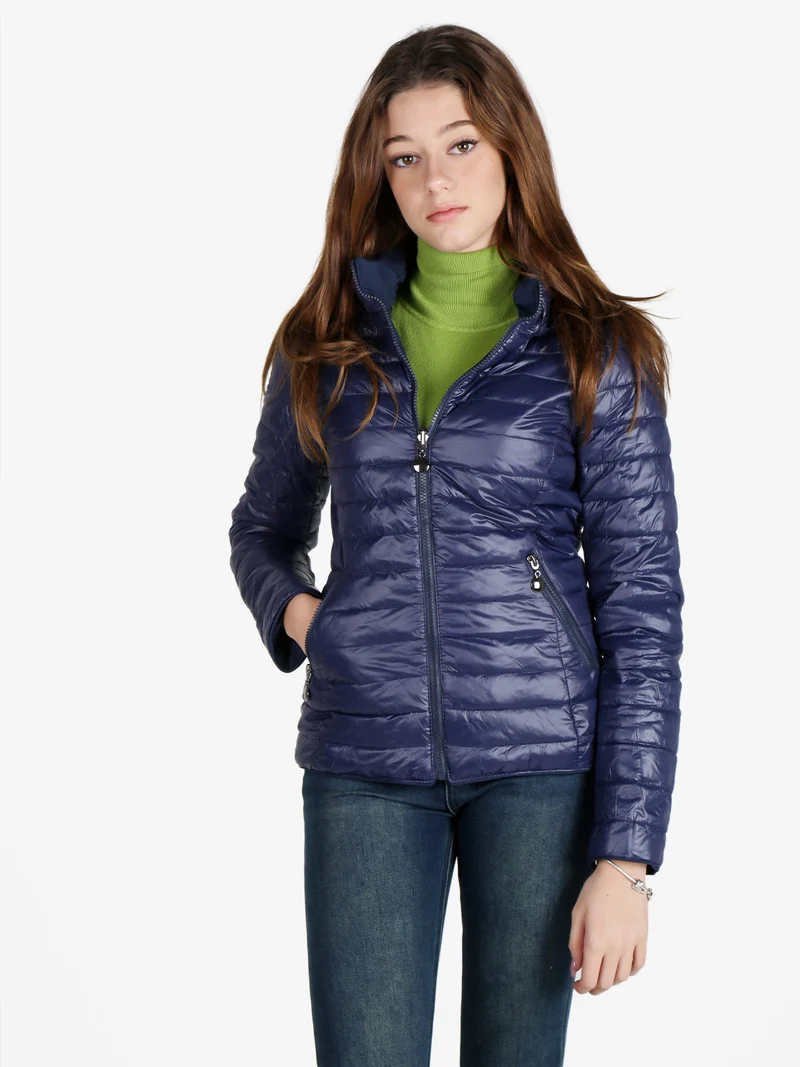 Piumino donna reversibile con cappuccio - blu scuro