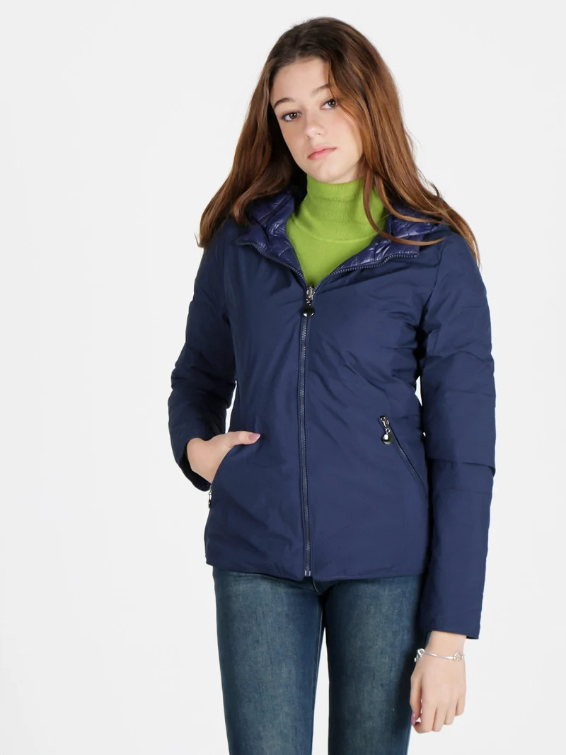Piumino donna reversibile con cappuccio - blu scuro