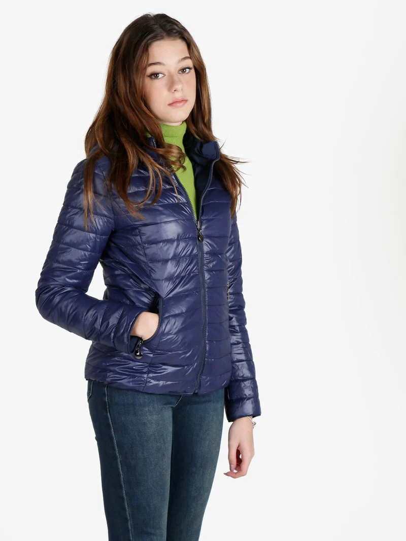 Piumino donna reversibile con cappuccio - blu scuro