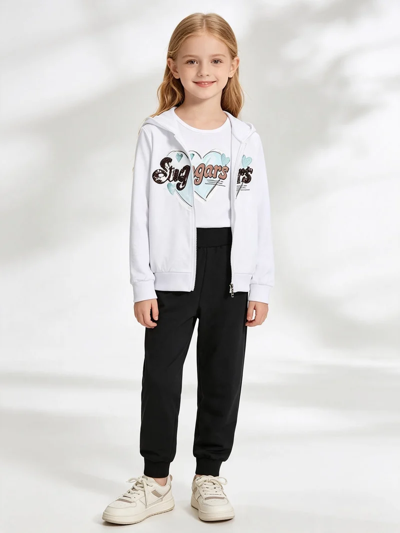 Completo tuta da bambina 3 pezzi con paillettes cappuccio e zip - bianco
