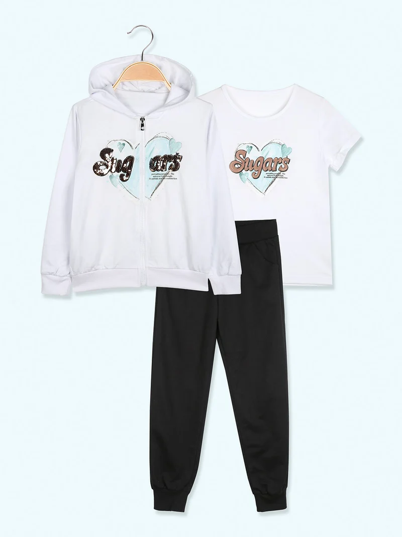 Completo tuta da bambina 3 pezzi con paillettes cappuccio e zip - bianco
