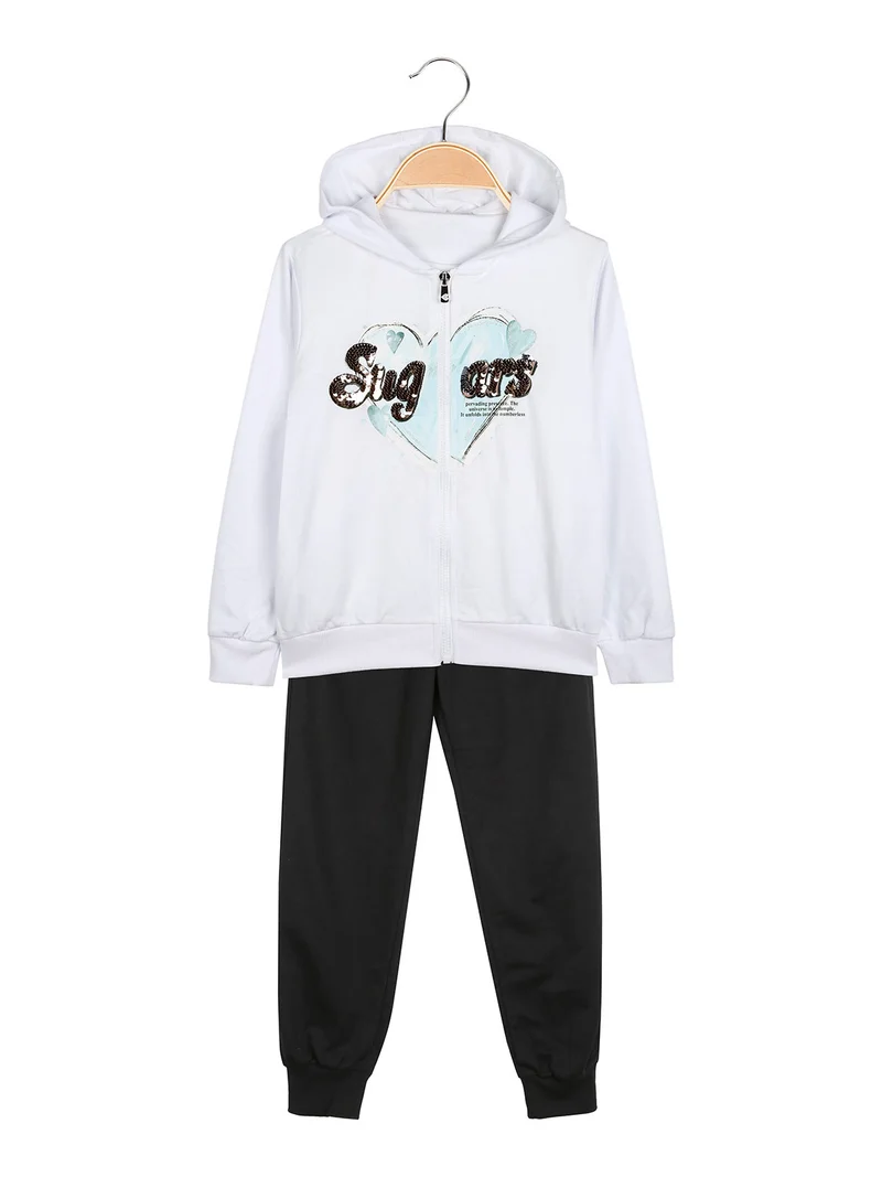 Completo tuta da bambina 3 pezzi con paillettes cappuccio e zip - bianco