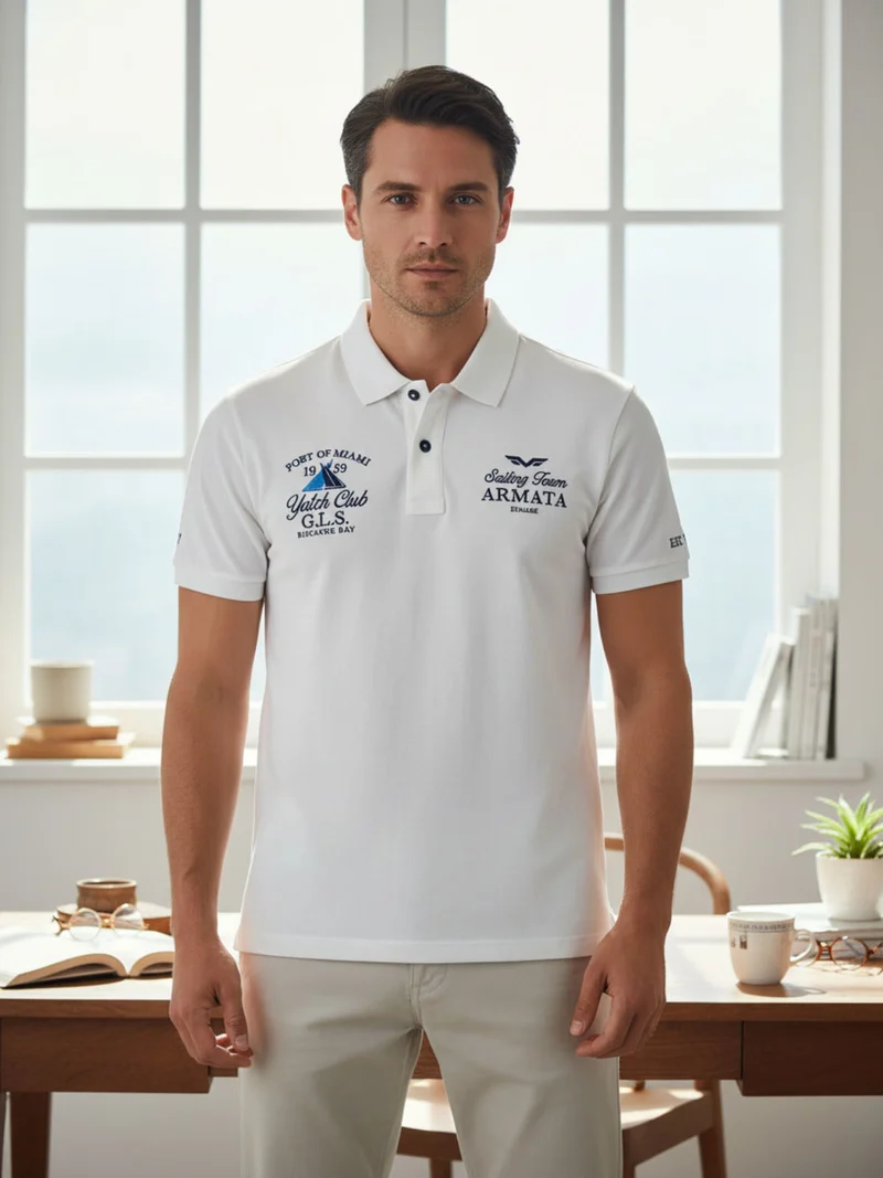 Polo da uomo a maniche corte in cotone con stampe - panna