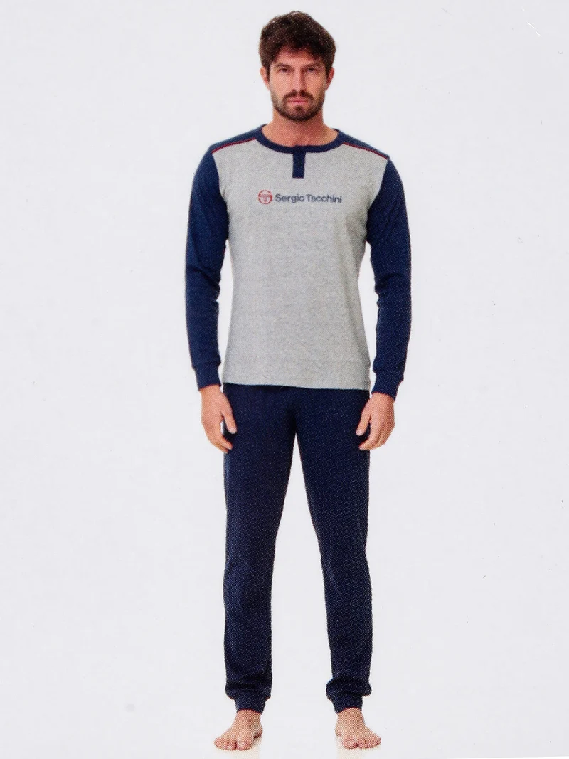 Pigiama lungo da uomo in cotone interlock - grigio