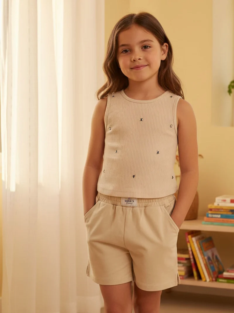Completo corto da ragazza con top a costine e shorts - beige