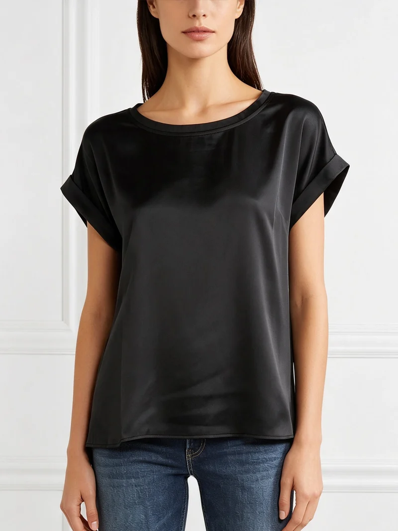 Solada Blusa da donna a maniche corte con parte davanti effetto raso - nero