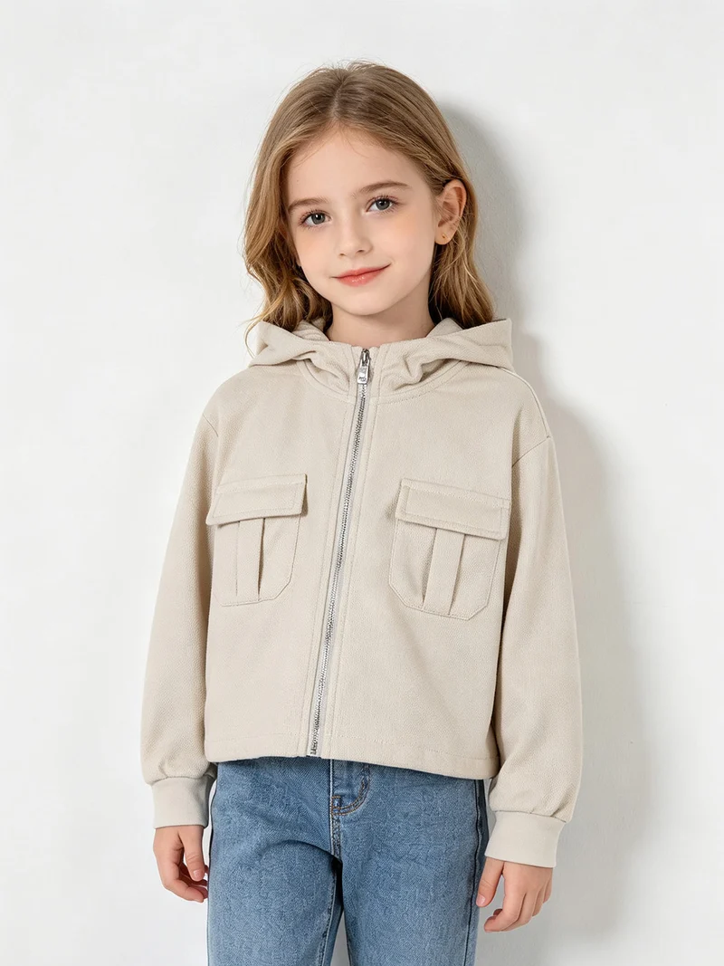 Felpa da bambina cropped con cappuccio e zip - beige