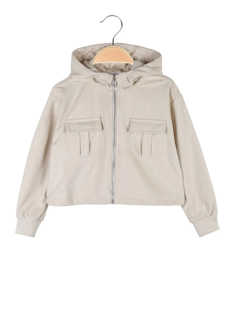 Felpa da bambina cropped con cappuccio e zip - beige