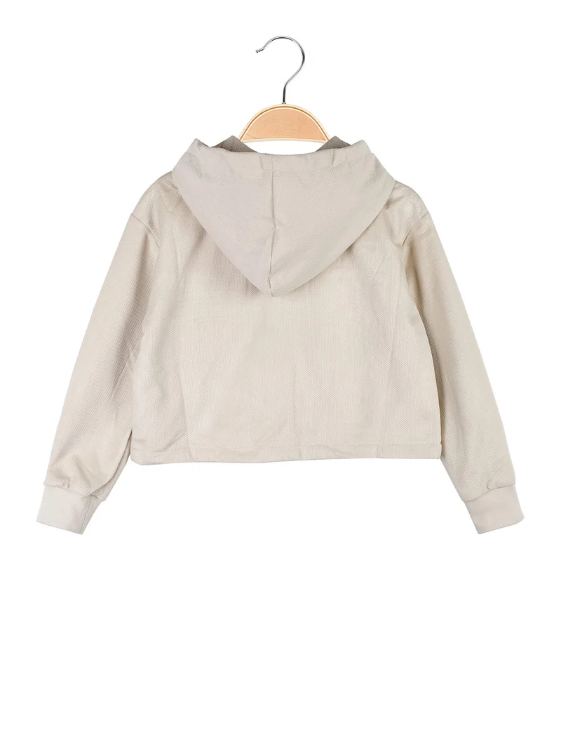 Felpa da bambina cropped con cappuccio e zip - beige