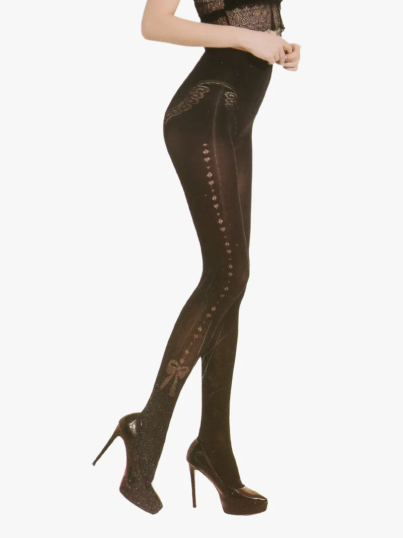 Collant moda 280 denari con ricamo fiocco - nero