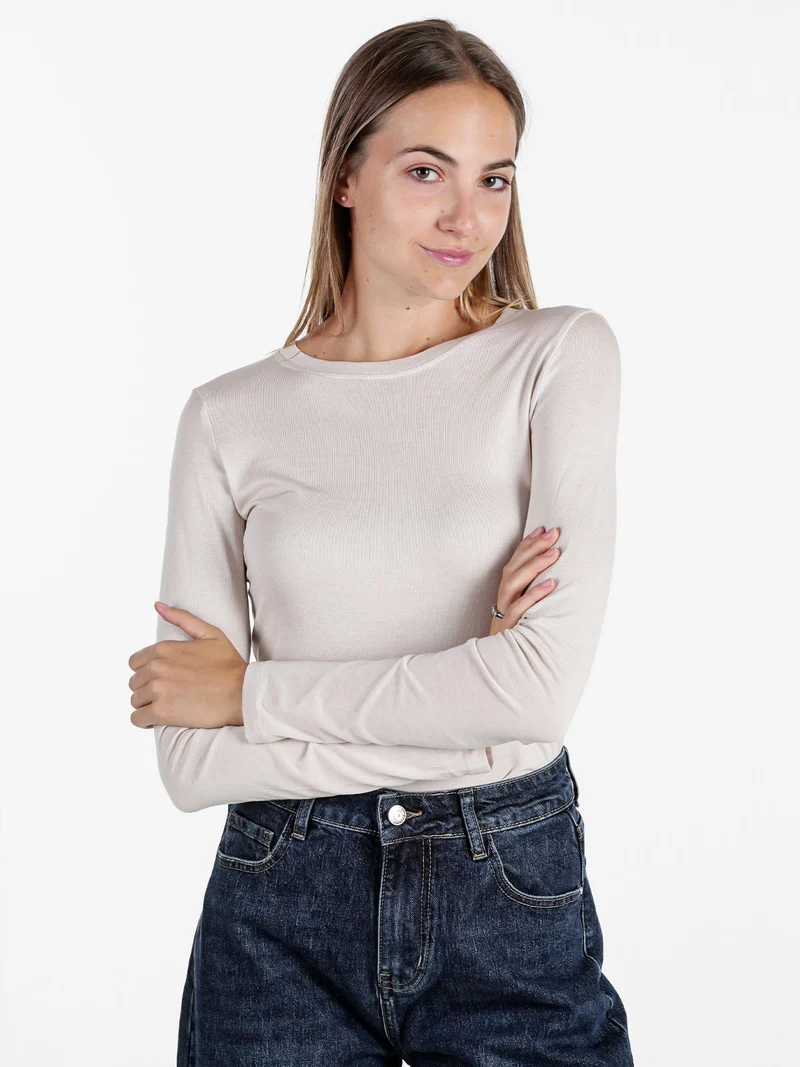 T-shirt donna girocollo a maniche lunghe - beige