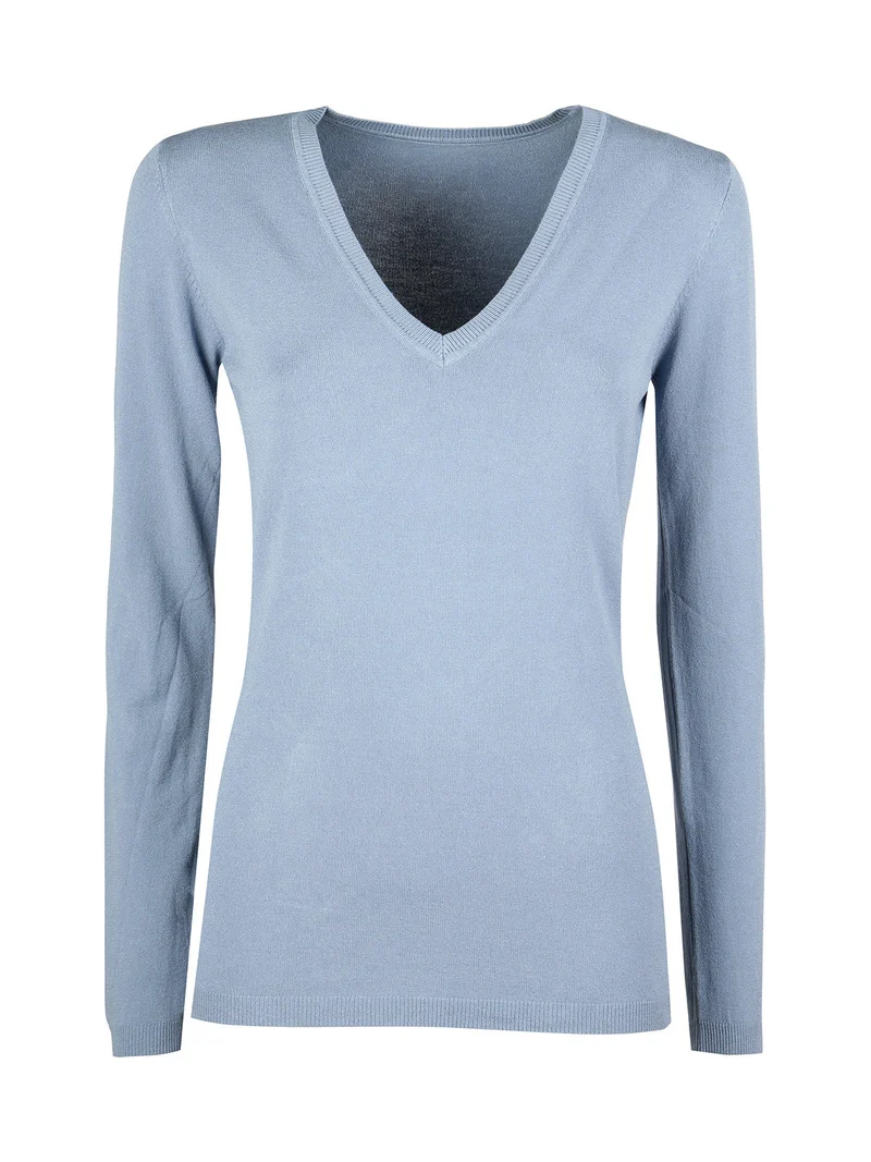 Pullover donna in maglia scollo V - cielo