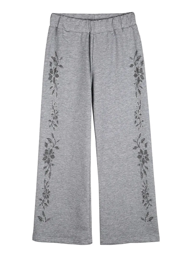 Pantaloni da bambina a gamba larga con strass floreali - grigio