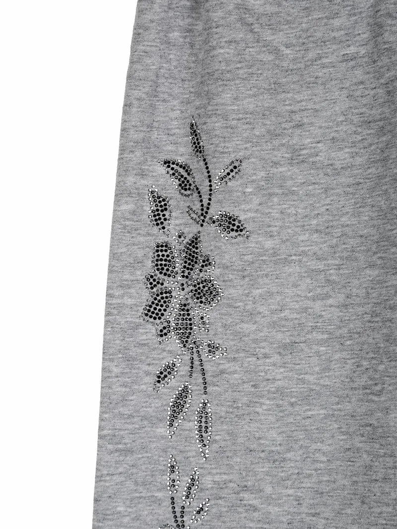 Pantaloni da bambina a gamba larga con strass floreali - grigio