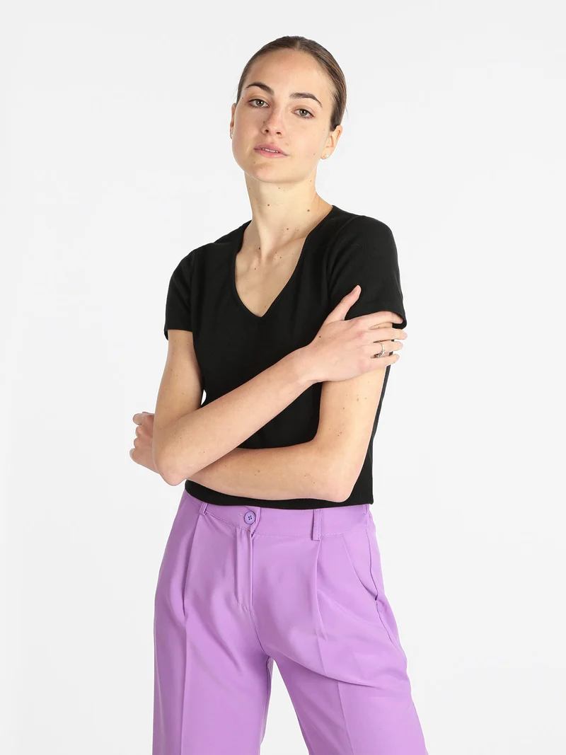 T-shirt manica corta donna a costine - nero