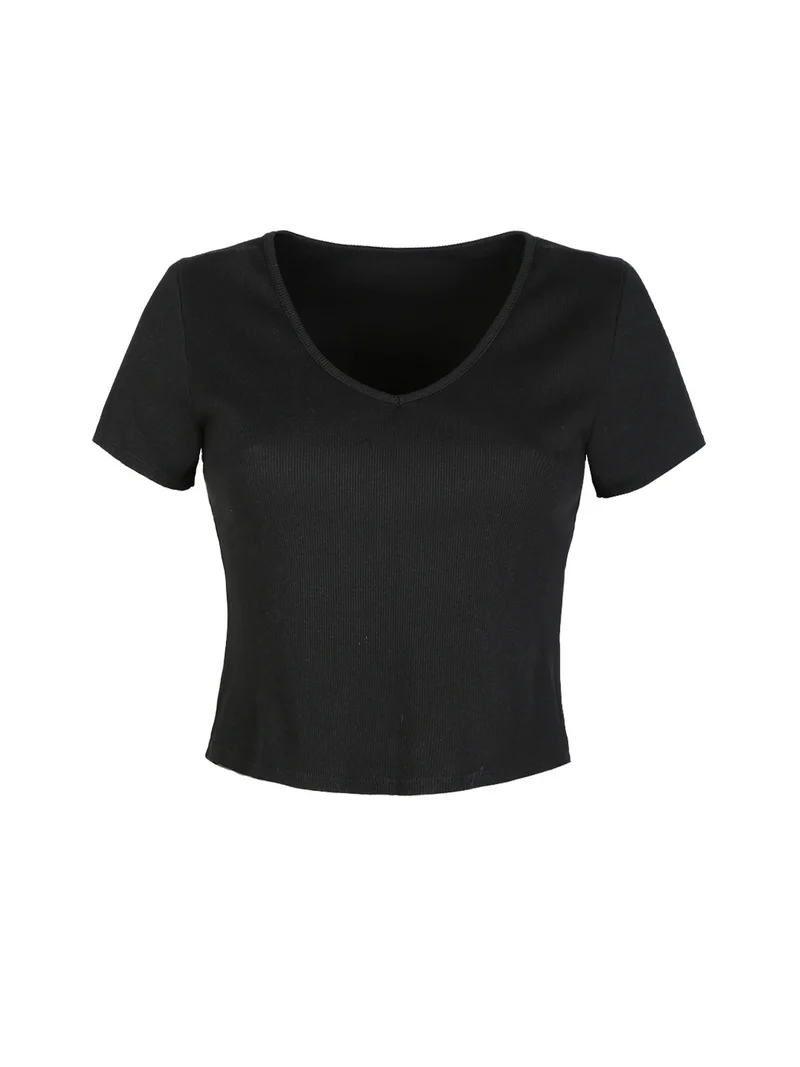 T-shirt manica corta donna a costine - nero