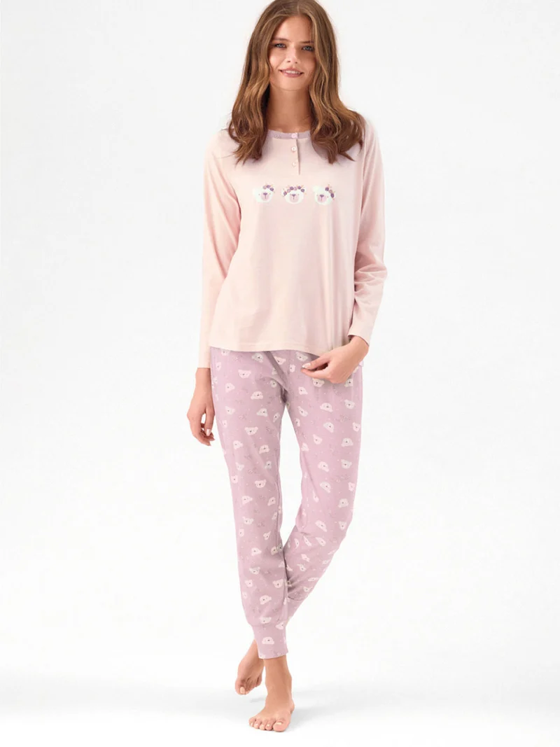 HONEY Pigiama lungo da donna in cotone con stampe - rosa